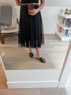 Black Tulle Midi Skirt with Gold Waistband